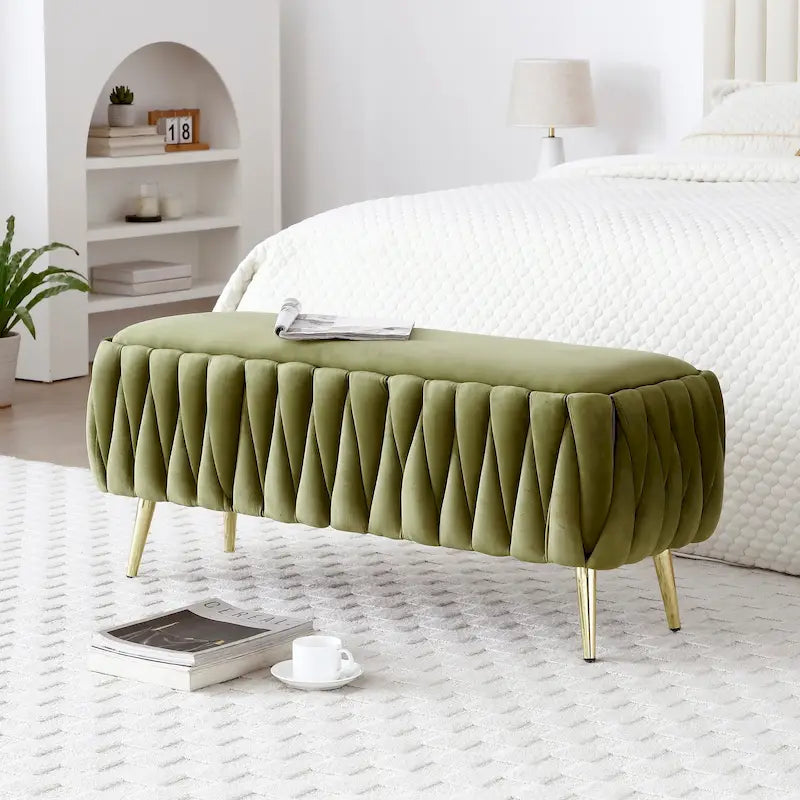 Banc de rangement ovale avec pieds dorés – Pouf de rangement capitonné pour chambre, salon et entrée