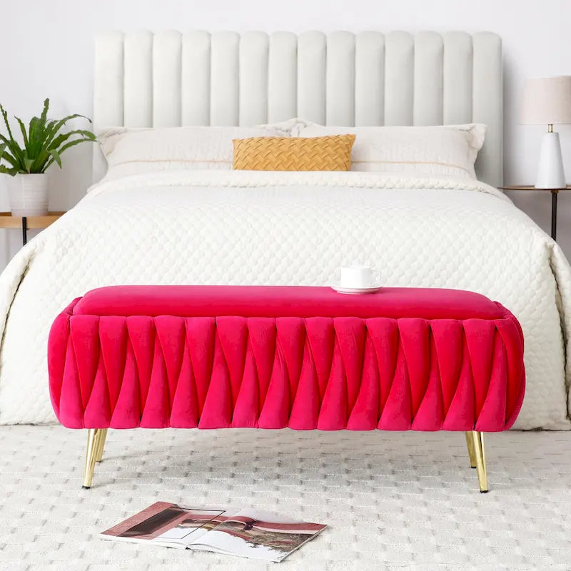 Oval Storage Bench with Gold Legs,Velvet Fabric Upholstered Ottoman Storage Benches for Bedroom End of Bed,Sherpa Fabric Bench