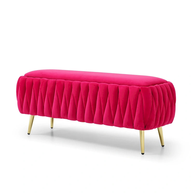 Oval Storage Bench with Gold Legs,Velvet Fabric Upholstered Ottoman Storage Benches for Bedroom End of Bed,Sherpa Fabric Bench