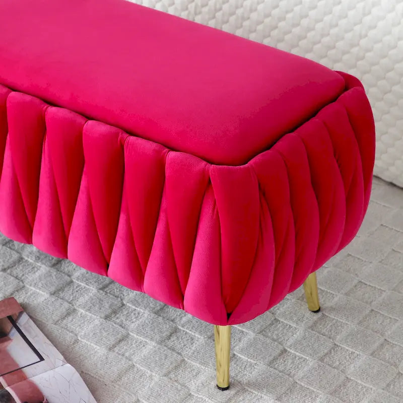 Oval Storage Bench with Gold Legs,Velvet Fabric Upholstered Ottoman Storage Benches for Bedroom End of Bed,Sherpa Fabric Bench