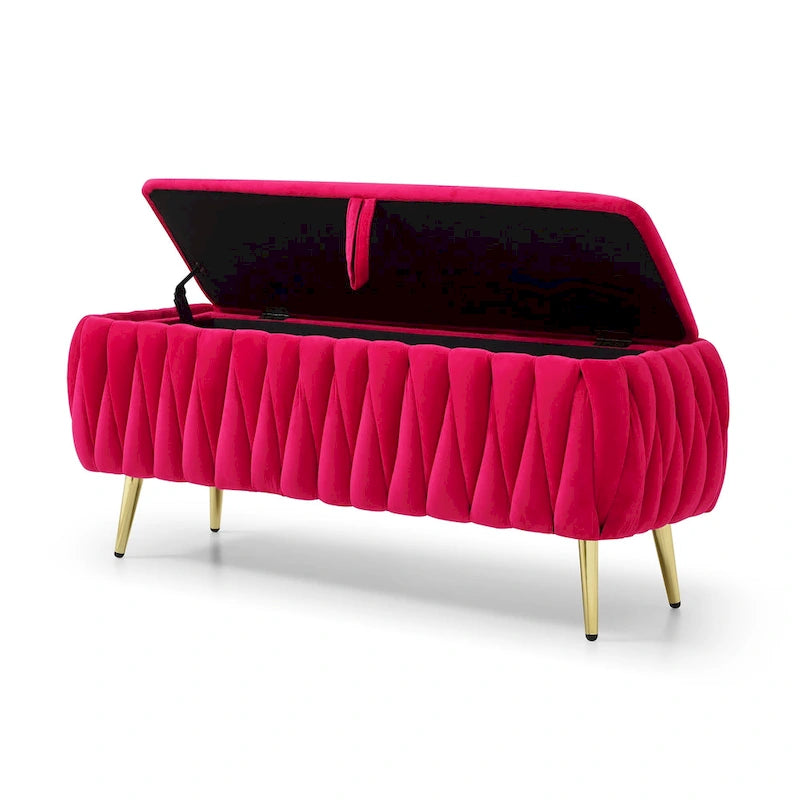 Oval Storage Bench with Gold Legs,Velvet Fabric Upholstered Ottoman Storage Benches for Bedroom End of Bed,Sherpa Fabric Bench