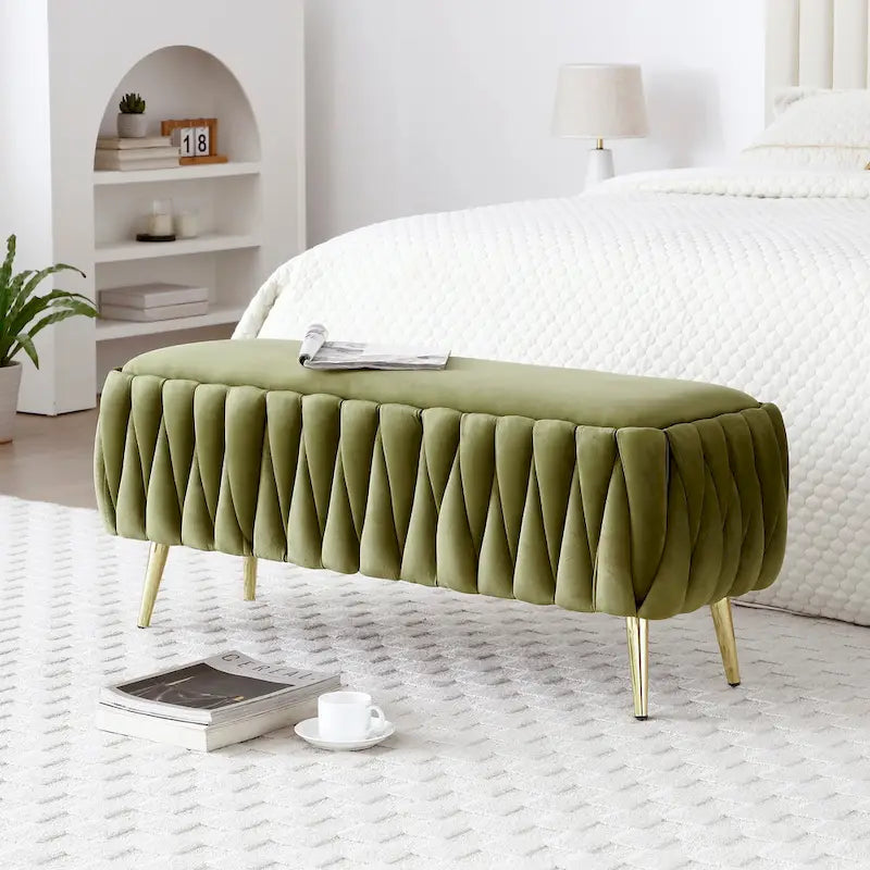 Oval Storage Bench with Gold Legs,Velvet Fabric Upholstered Ottoman Storage Benches for Bedroom End of Bed,Sherpa Fabric Bench