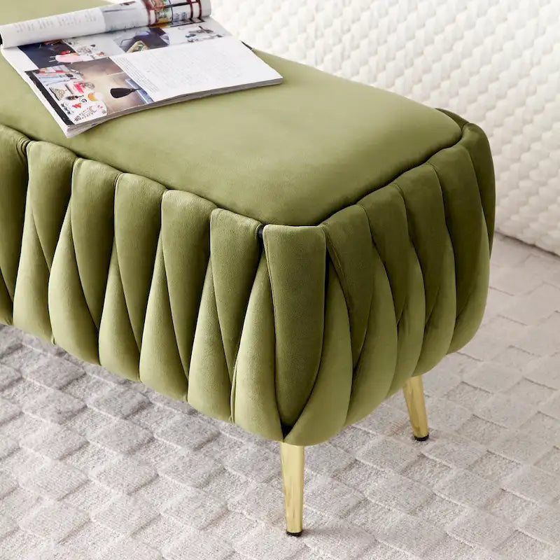 Oval Storage Bench with Gold Legs,Velvet Fabric Upholstered Ottoman Storage Benches for Bedroom End of Bed,Sherpa Fabric Bench