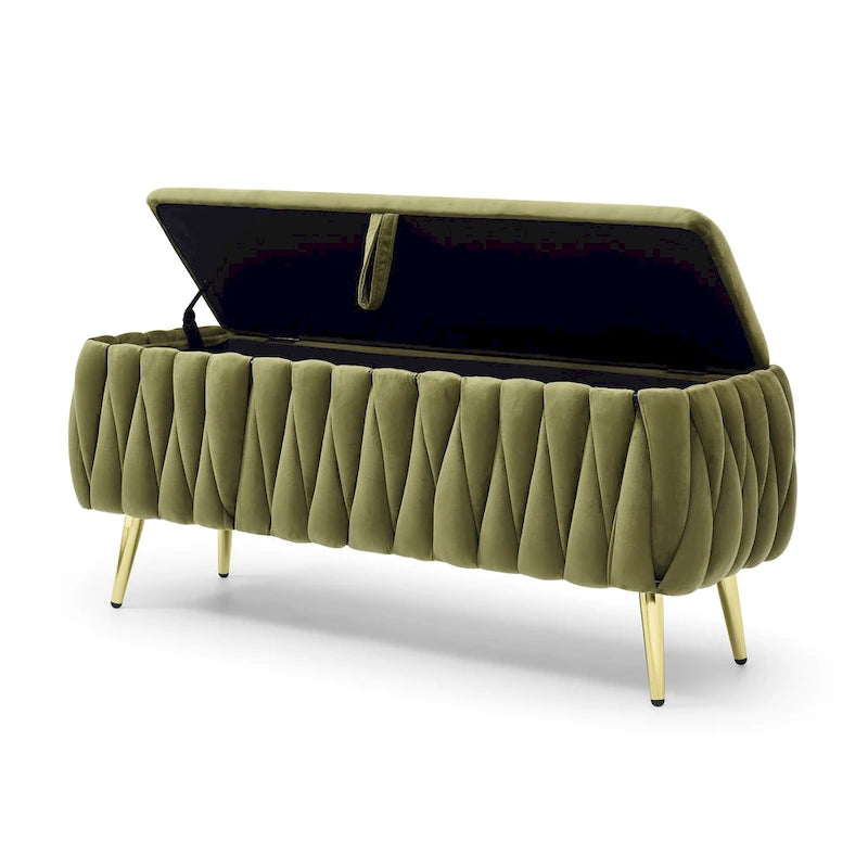Oval Storage Bench with Gold Legs,Velvet Fabric Upholstered Ottoman Storage Benches for Bedroom End of Bed,Sherpa Fabric Bench