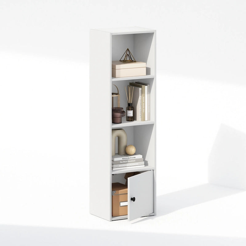 Furinno Luder 4-Tier Standing Shelf Bookcase with 1 Door Storage Cabinet, White
