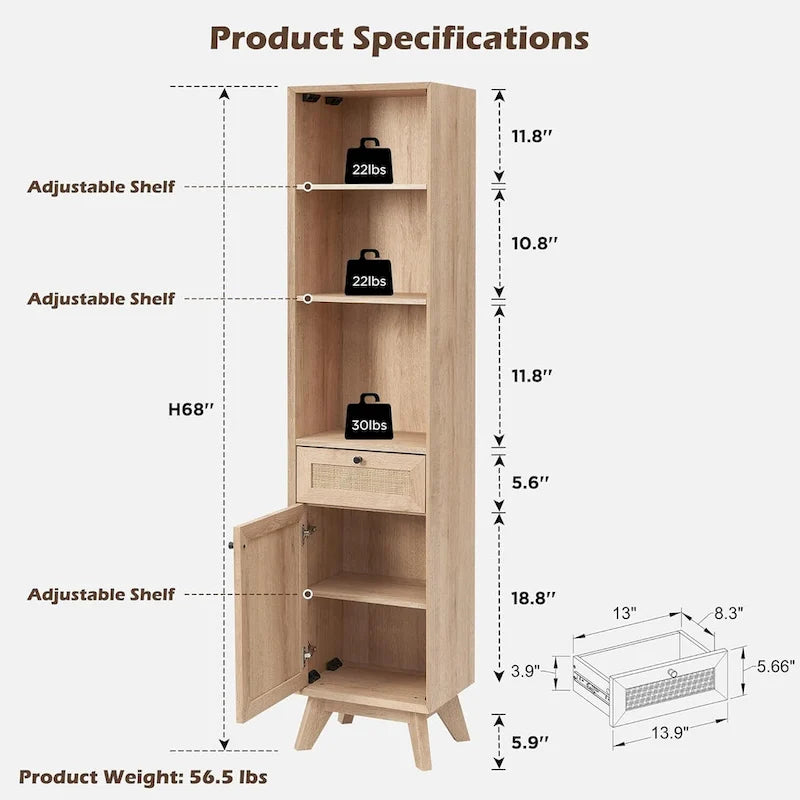 Natural Rattan Linen Cabinet, Modern Bathroom Towel Storage Cabinet