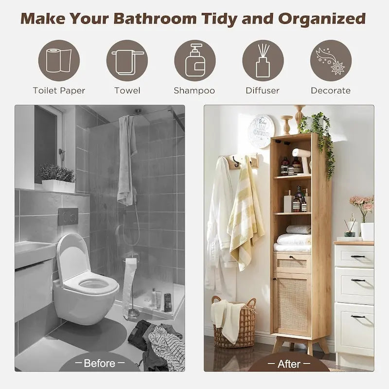 Natural Rattan Linen Cabinet, Modern Bathroom Towel Storage Cabinet