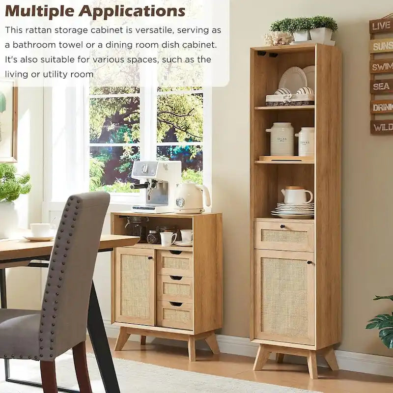 Natural Rattan Linen Cabinet, Modern Bathroom Towel Storage Cabinet