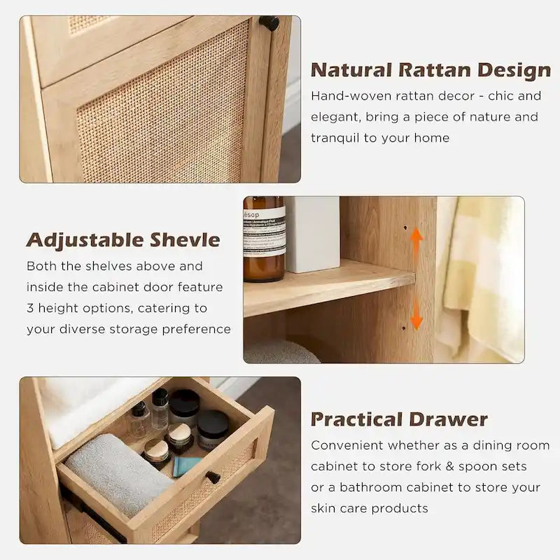 Natural Rattan Linen Cabinet, Modern Bathroom Towel Storage Cabinet