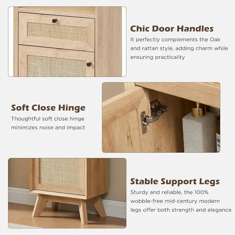 Natural Rattan Linen Cabinet, Modern Bathroom Towel Storage Cabinet