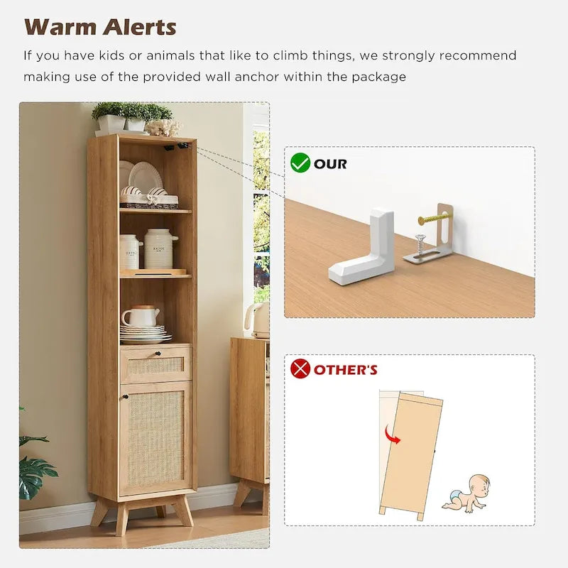 Natural Rattan Linen Cabinet, Modern Bathroom Towel Storage Cabinet