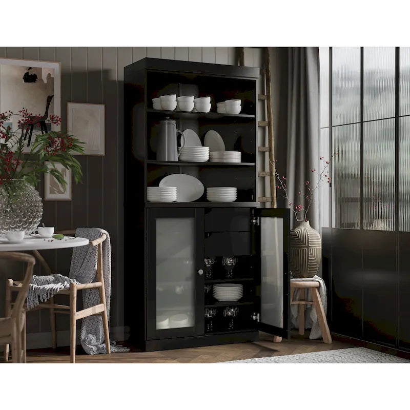 Palace Imports 100% Solid Wood Pantry Cabinet with Frosted Glass Doors, 2-Drawers and Adjustable Shelves - 32 x 71.5