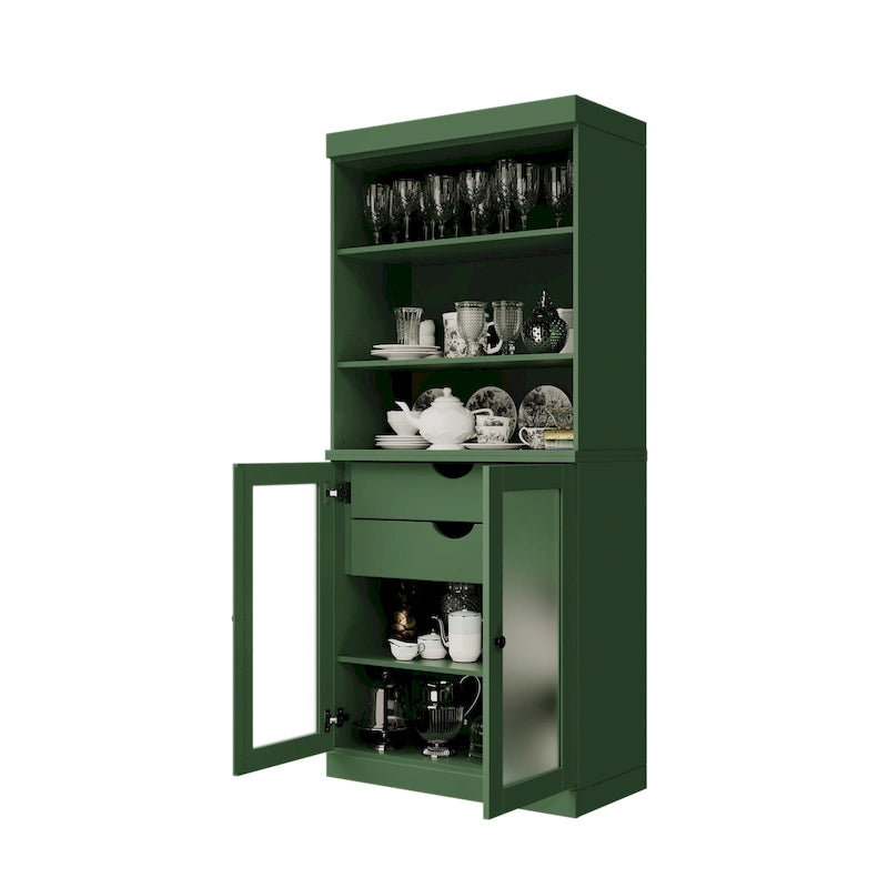 Meuble de rangement de cuisine 100 % en bois massif avec portes en verre dépoli, 2 tiroirs et étagères réglables - 32 x 71,5