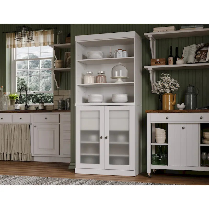 Meuble de rangement de cuisine 100 % en bois massif avec portes en verre dépoli, 2 tiroirs et étagères réglables - 32 x 71,5