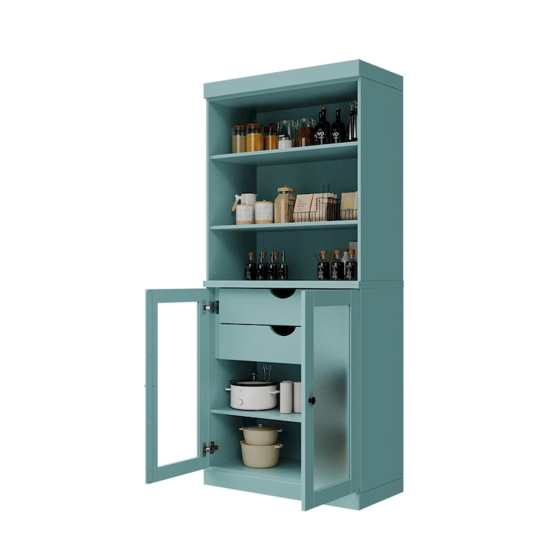 Meuble de rangement de cuisine 100 % en bois massif avec portes en verre dépoli, 2 tiroirs et étagères réglables - 32 x 71,5