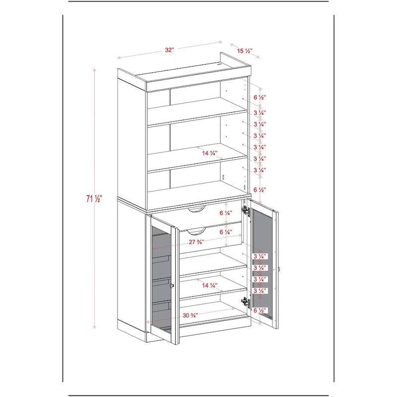 Palace Imports 100% Solid Wood Pantry Cabinet with Frosted Glass Doors, 2-Drawers and Adjustable Shelves - 32 x 71.5