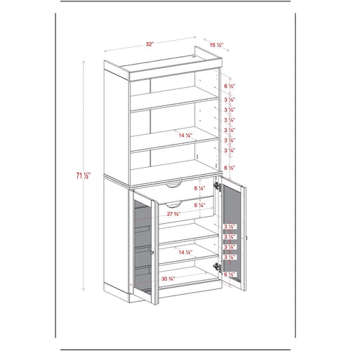 Meuble de rangement de cuisine 100 % en bois massif avec portes en verre dépoli, 2 tiroirs et étagères réglables - 32 x 71,5