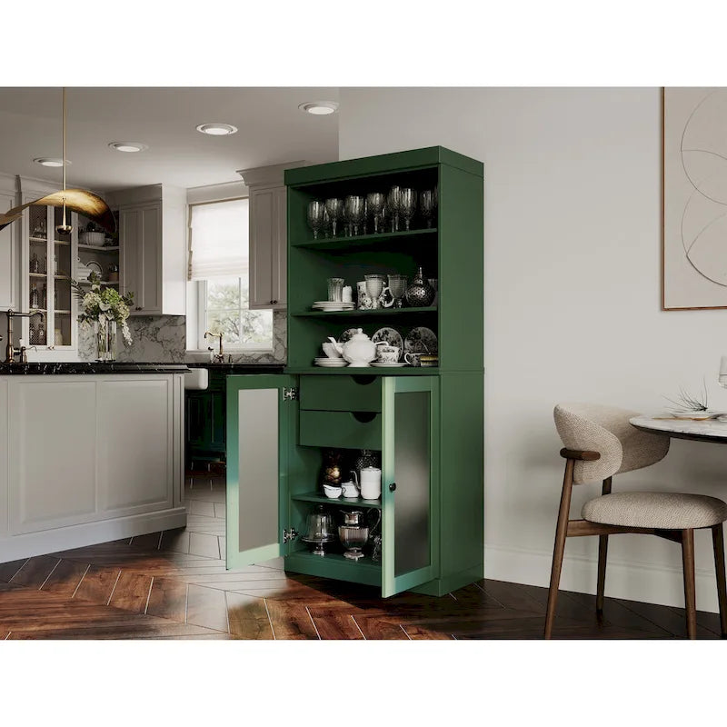 Palace Imports 100% Solid Wood Pantry Cabinet with Frosted Glass Doors, 2-Drawers and Adjustable Shelves - 32 x 71.5