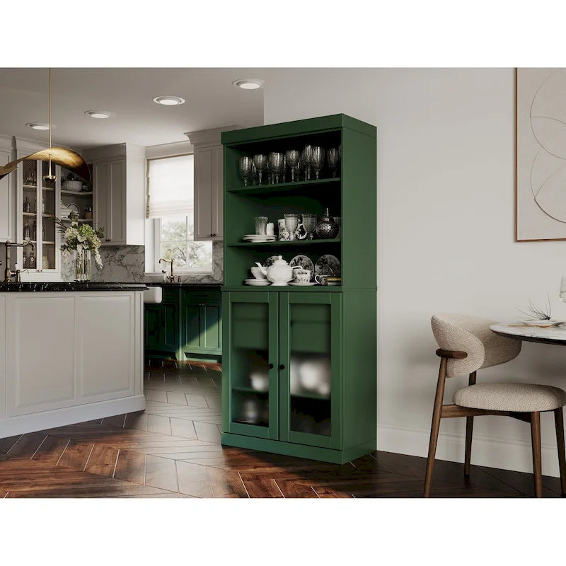 Palace Imports 100% Solid Wood Pantry Cabinet with Frosted Glass Doors, 2-Drawers and Adjustable Shelves - 32 x 71.5