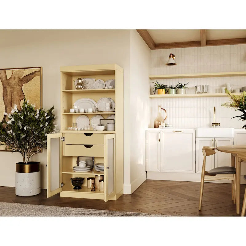 Palace Imports 100% Solid Wood Pantry Cabinet with Frosted Glass Doors, 2-Drawers and Adjustable Shelves - 32 x 71.5