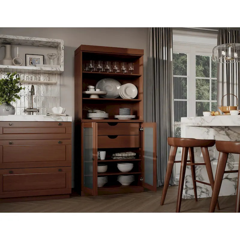 Palace Imports 100% Solid Wood Pantry Cabinet with Frosted Glass Doors, 2-Drawers and Adjustable Shelves - 32 x 71.5