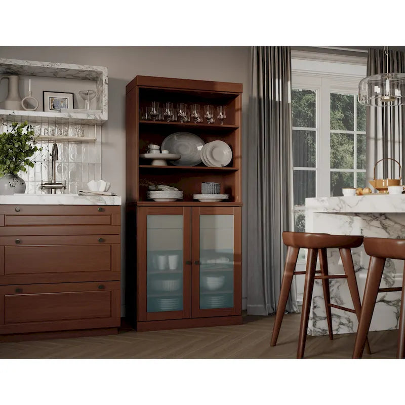 Palace Imports 100% Solid Wood Pantry Cabinet with Frosted Glass Doors, 2-Drawers and Adjustable Shelves - 32 x 71.5