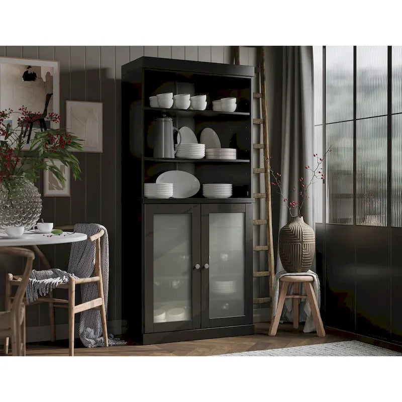 Palace Imports 100% Solid Wood Pantry Cabinet with Frosted Glass Doors, 2-Drawers and Adjustable Shelves - 32 x 71.5