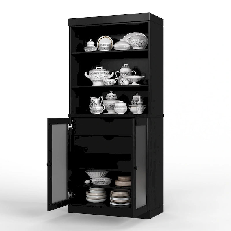 Palace Imports 100% Solid Wood Pantry Cabinet with Frosted Glass Doors, 2-Drawers and Adjustable Shelves - 32 x 71.5