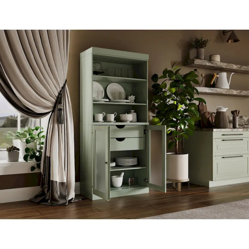 Palace Imports 100% Solid Wood Pantry Cabinet with Frosted Glass Doors, 2-Drawers and Adjustable Shelves - 32 x 71.5