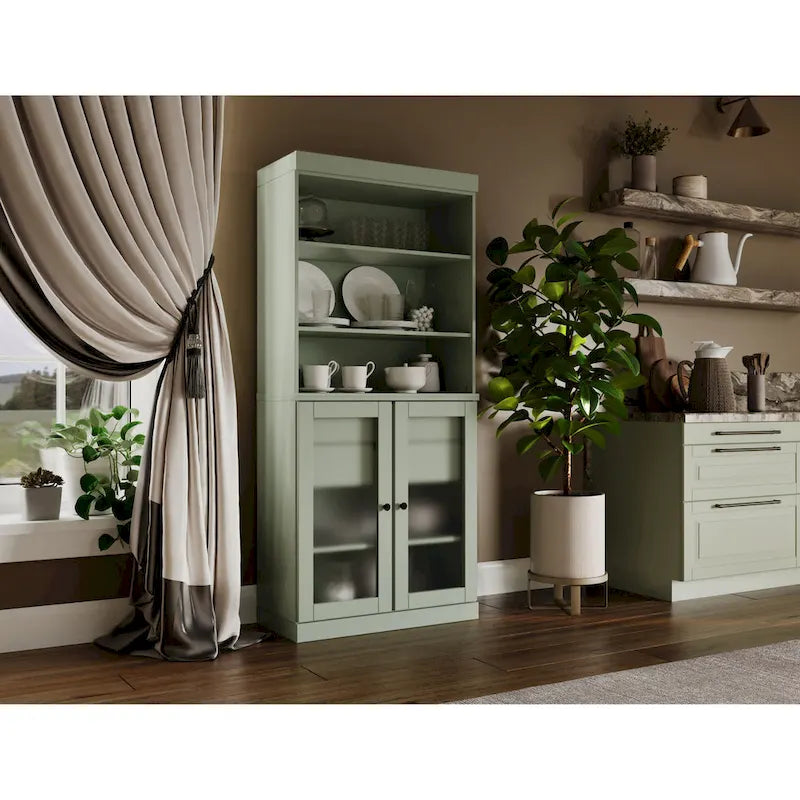 Palace Imports 100% Solid Wood Pantry Cabinet with Frosted Glass Doors, 2-Drawers and Adjustable Shelves - 32 x 71.5