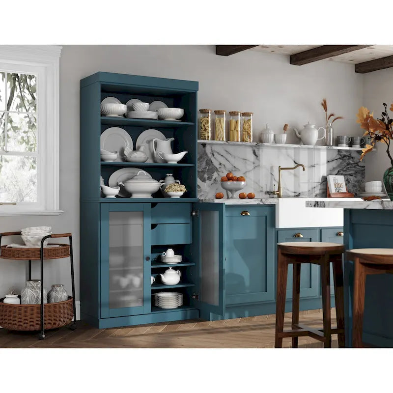 Palace Imports 100% Solid Wood Pantry Cabinet with Frosted Glass Doors, 2-Drawers and Adjustable Shelves - 32 x 71.5