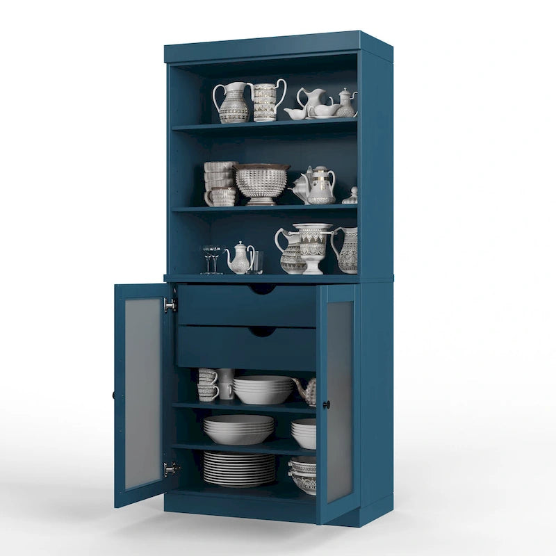Palace Imports 100% Solid Wood Pantry Cabinet with Frosted Glass Doors, 2-Drawers and Adjustable Shelves - 32 x 71.5