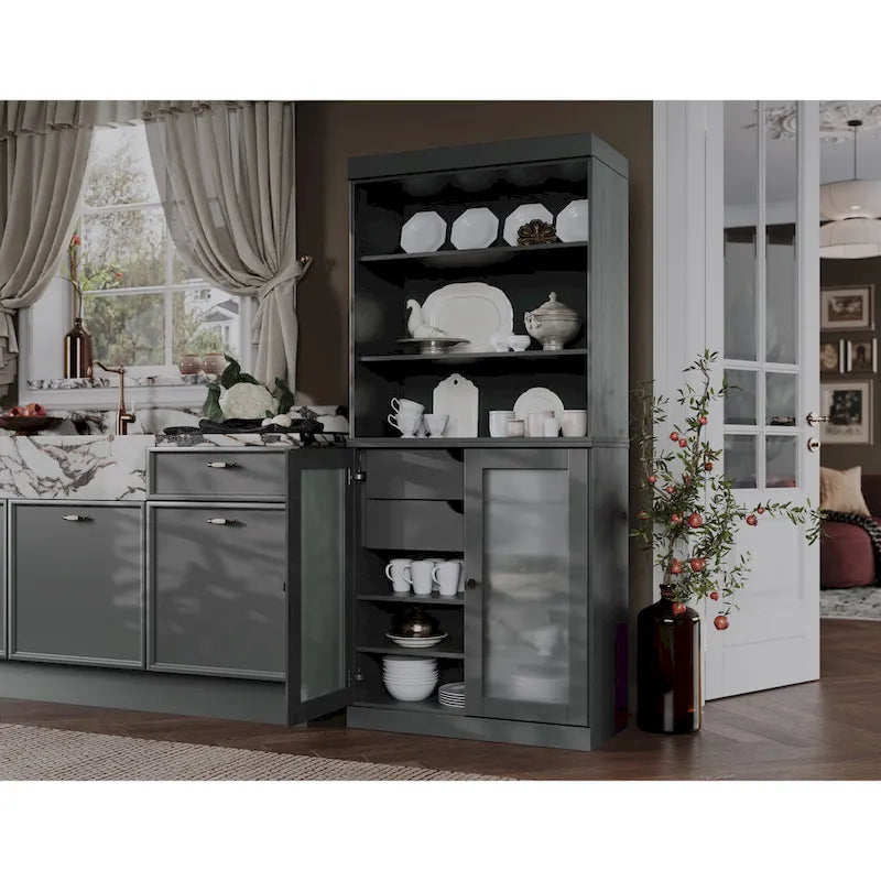 Palace Imports 100% Solid Wood Pantry Cabinet with Frosted Glass Doors, 2-Drawers and Adjustable Shelves - 32 x 71.5