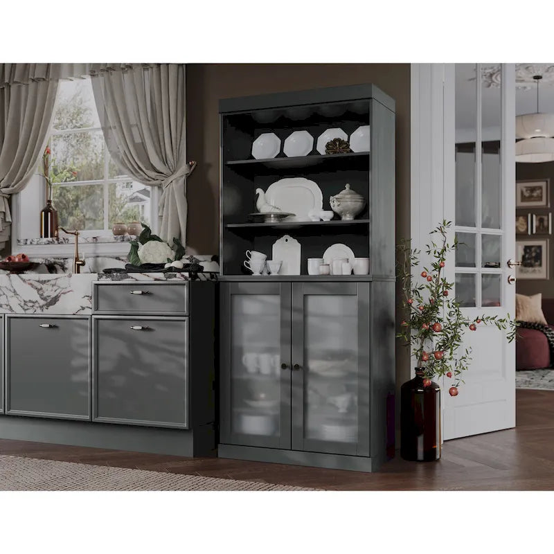 Palace Imports 100% Solid Wood Pantry Cabinet with Frosted Glass Doors, 2-Drawers and Adjustable Shelves - 32 x 71.5