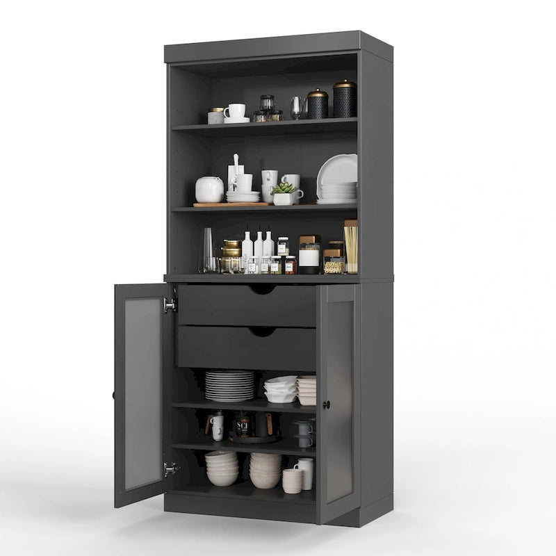 Palace Imports 100% Solid Wood Pantry Cabinet with Frosted Glass Doors, 2-Drawers and Adjustable Shelves - 32 x 71.5