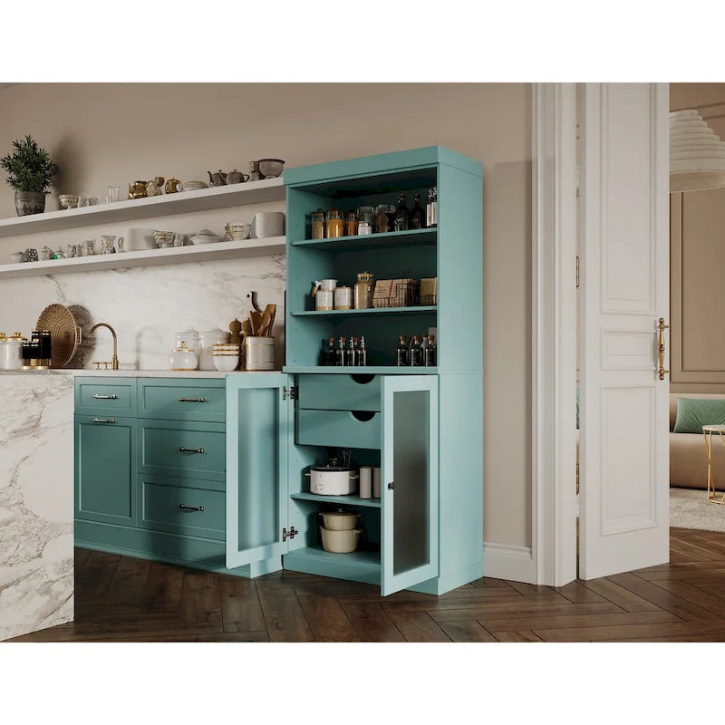 Palace Imports 100% Solid Wood Pantry Cabinet with Frosted Glass Doors, 2-Drawers and Adjustable Shelves - 32 x 71.5