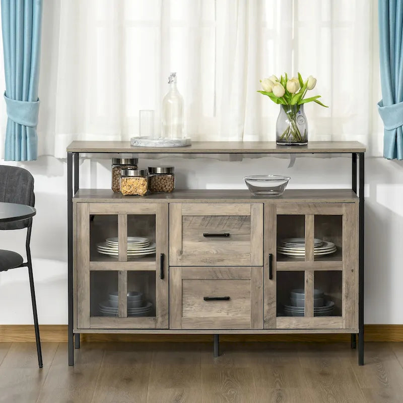 Buffet de cuisine rustique avec portes vitrées, 2 tiroirs et étagères réglables