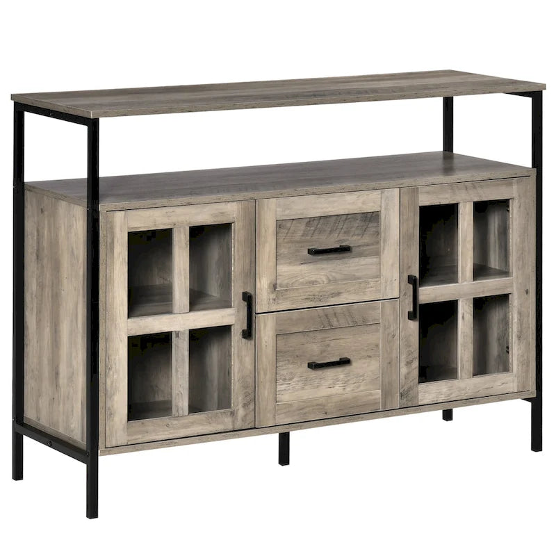 HOMCOM Rustic Kitchen Sideboard, Serving Buffet Cabinet with Adjustable Shelves, Glass Doors, and 2 Drawers