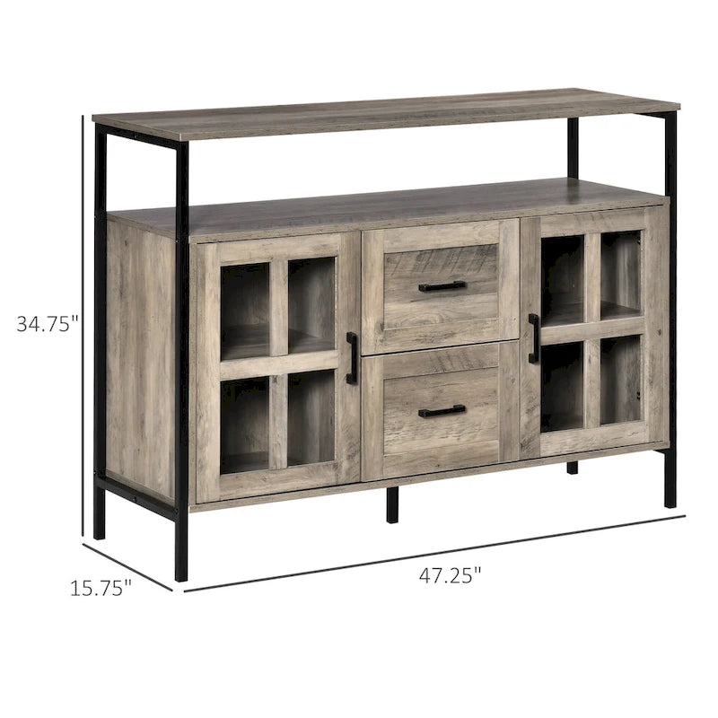 HOMCOM Rustic Kitchen Sideboard, Serving Buffet Cabinet with Adjustable Shelves, Glass Doors, and 2 Drawers