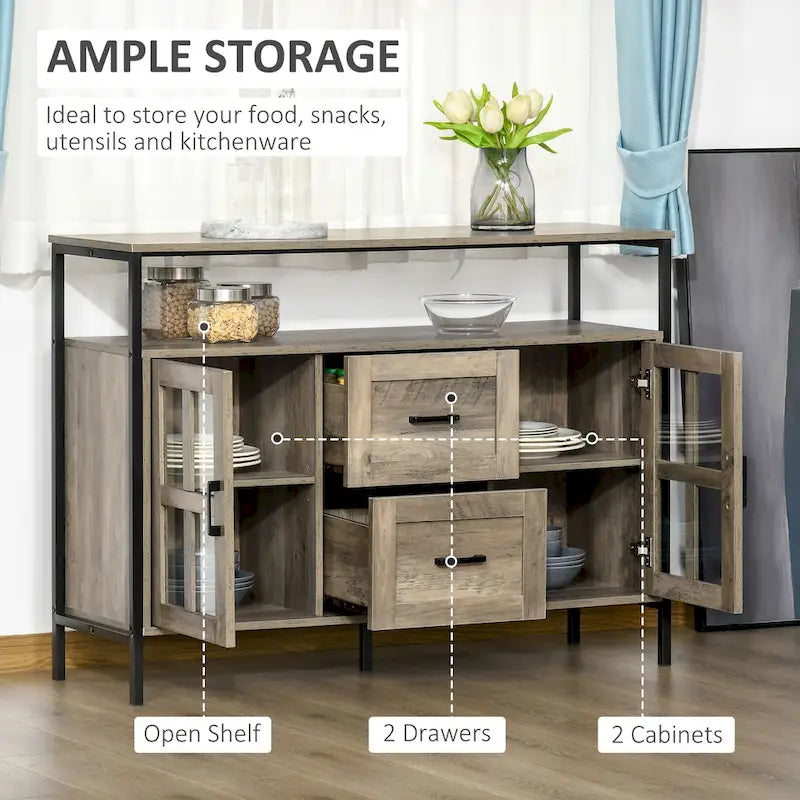 HOMCOM Rustic Kitchen Sideboard, Serving Buffet Cabinet with Adjustable Shelves, Glass Doors, and 2 Drawers