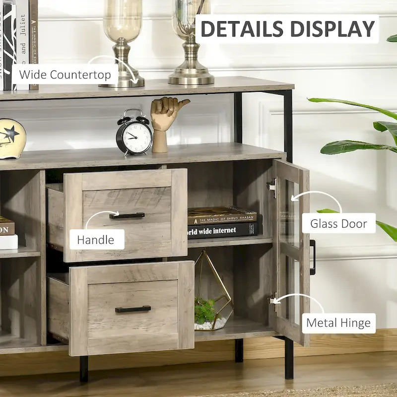 HOMCOM Rustic Kitchen Sideboard, Serving Buffet Cabinet with Adjustable Shelves, Glass Doors, and 2 Drawers