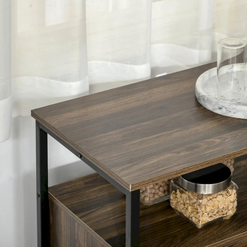 HOMCOM Rustic Kitchen Sideboard, Serving Buffet Cabinet with Adjustable Shelves, Glass Doors, and 2 Drawers