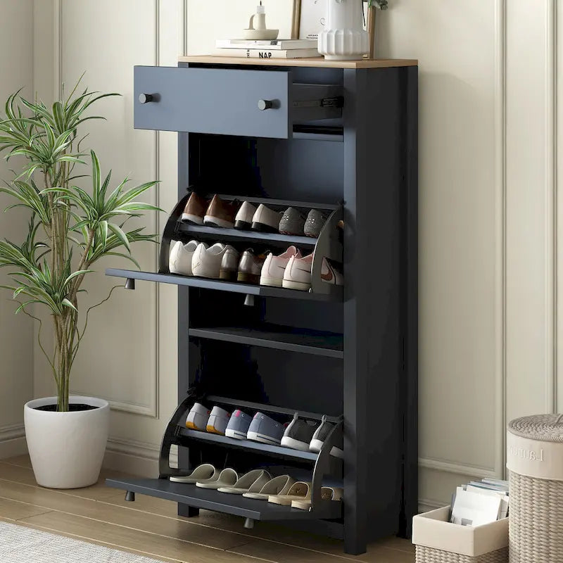 Wood Shoe Cabinet with 2 Flip Drawers and Adjustable Panel