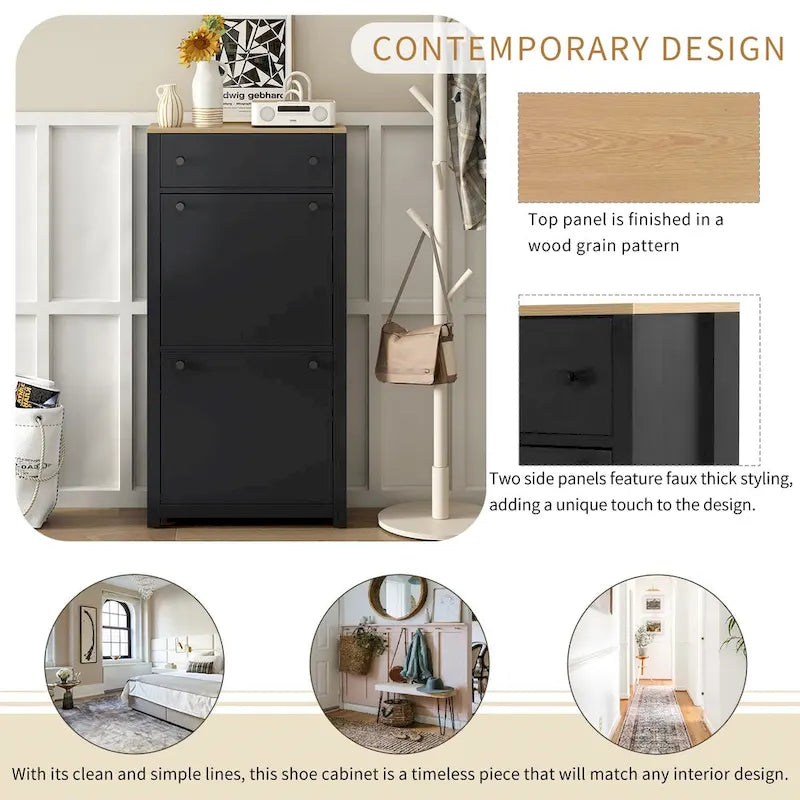 Wood Shoe Cabinet with 2 Flip Drawers and Adjustable Panel