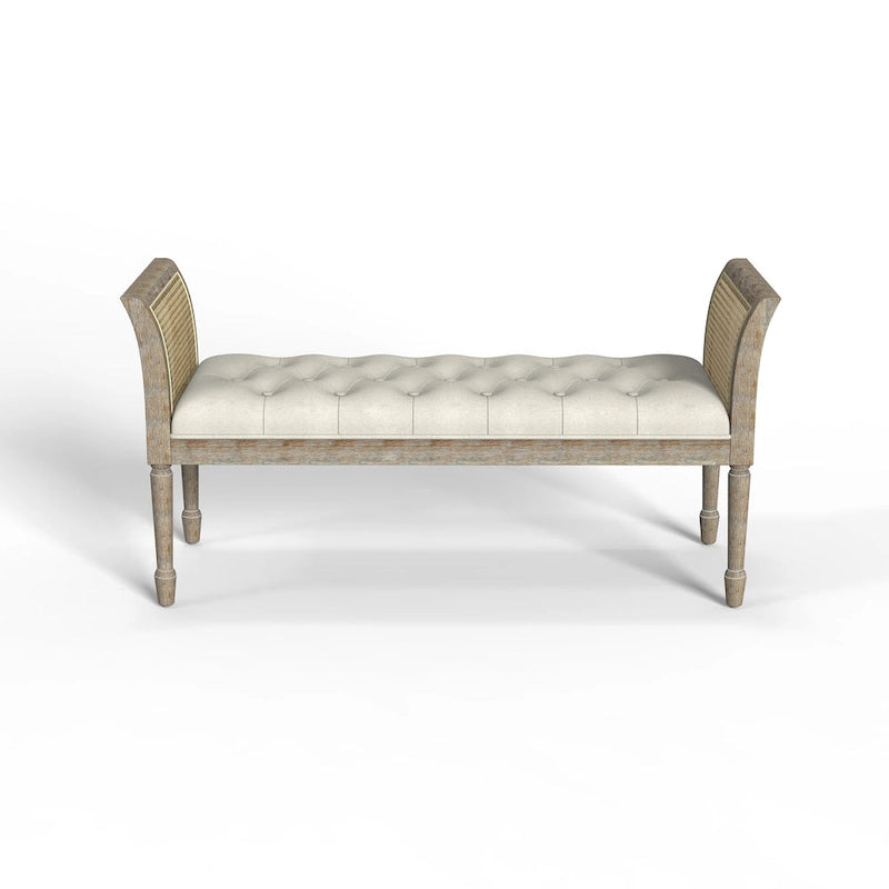 Dilwen Wooden Tufted Upholstered Bench with High Flared Rattan Arms