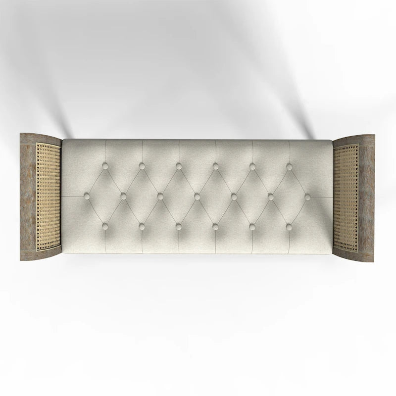 Dilwen Wooden Tufted Upholstered Bench with High Flared Rattan Arms