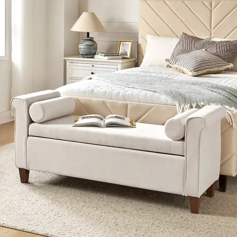 Banc de rangement traditionnel de 137,9 cm de large avec 2 coussins ronds