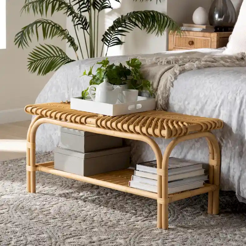 Himari Modern Bohemian Natural Brown Rattan Accent Bench