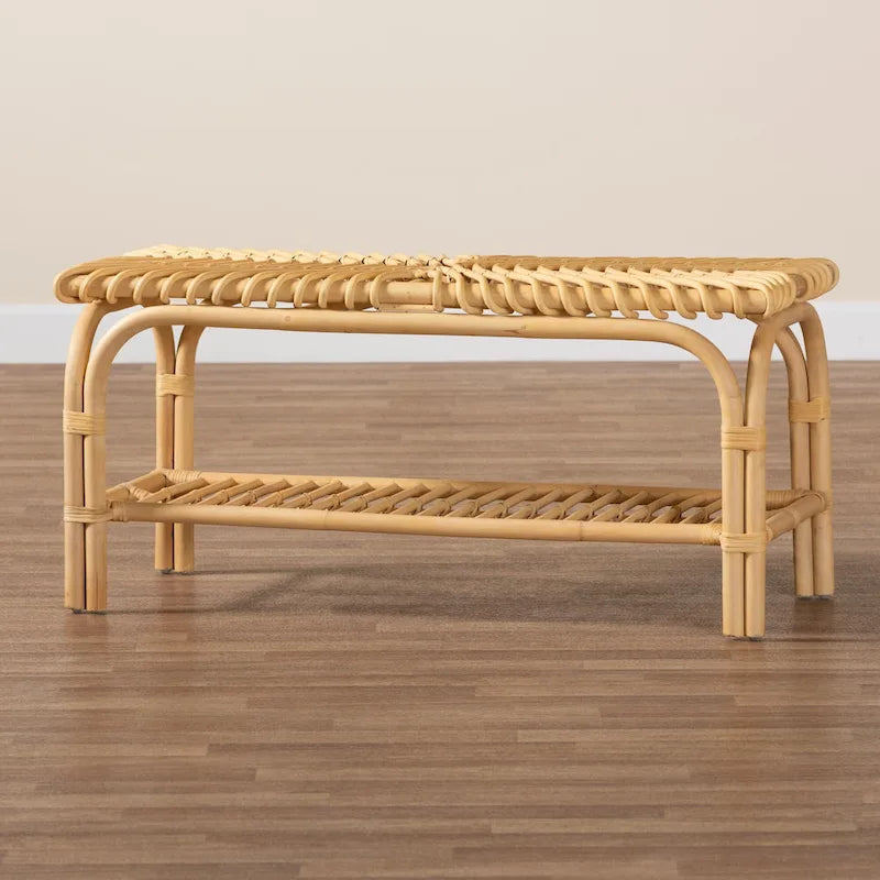 Himari Modern Bohemian Natural Brown Rattan Accent Bench