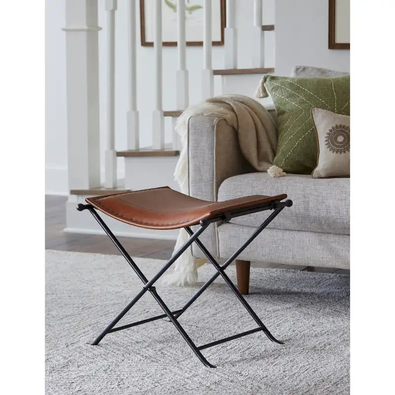 Silla Top Grain Leather Cinnamon Saddle Seat Accent Bench